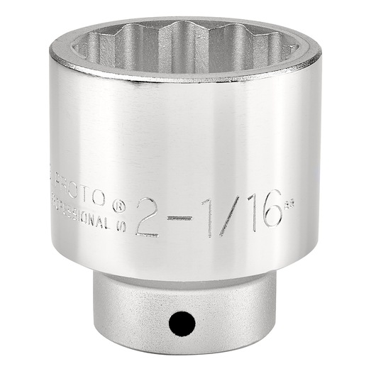 Photo of PROTO J5566 chrome socket with 12-point design, side angle on white background.