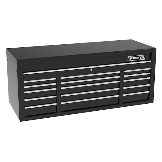 PROTO J556727B-15BK black steel tool chest with multiple drawers, angled front view, white background.