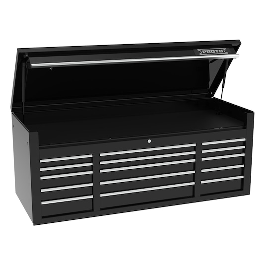 PROTO J556727B-15BK black steel tool chest with multiple drawers, shown open, front angle on white background.