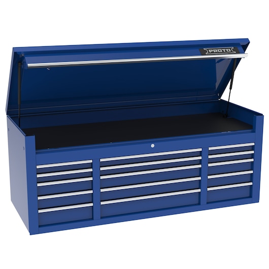 PROTO J556727B-15BL blue steel tool chest with open lid, twelve drawers, front angle on white background.