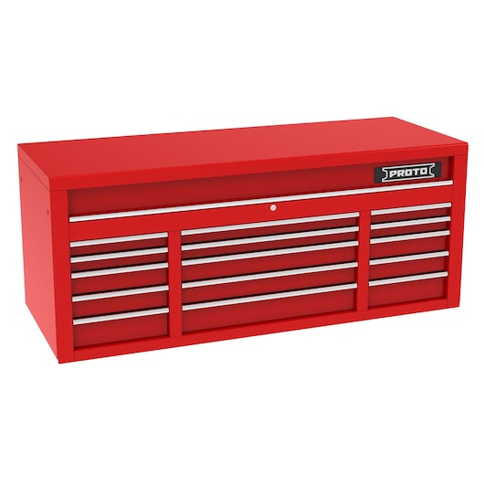 PROTO J556727B-15RD red steel tool chest with multiple drawers, angled front on white background.