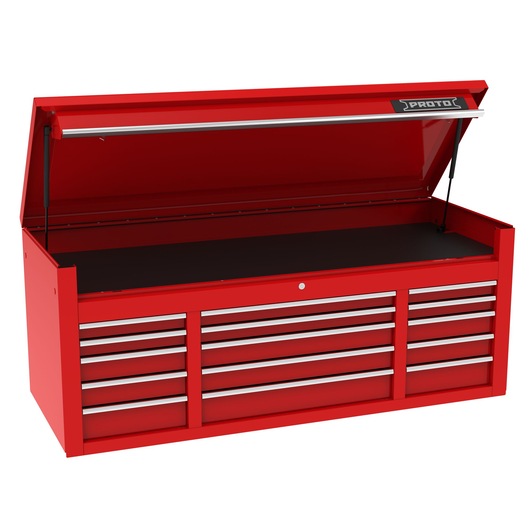 PROTO J556727B-15RD red metal tool chest with open lid, multiple drawers, front angle on white background.