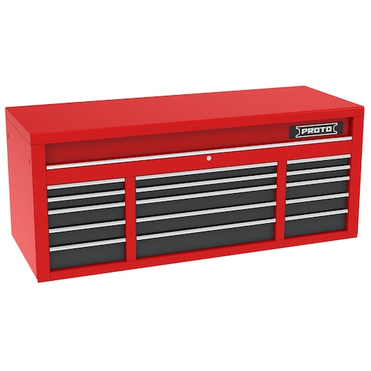 PROTO J556727B-15SG red steel tool chest with multiple drawers, front angle on white background.