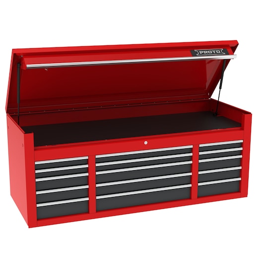 PROTO J556727B-15SG red tool chest with open top and 15 drawers, front angle on white background.