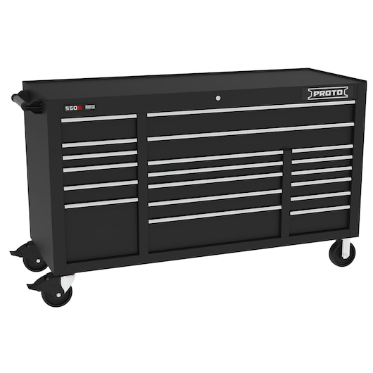 PROTO J556741B-19BK black rolling tool chest with multiple drawers, side handle, and caster wheels, front angle.