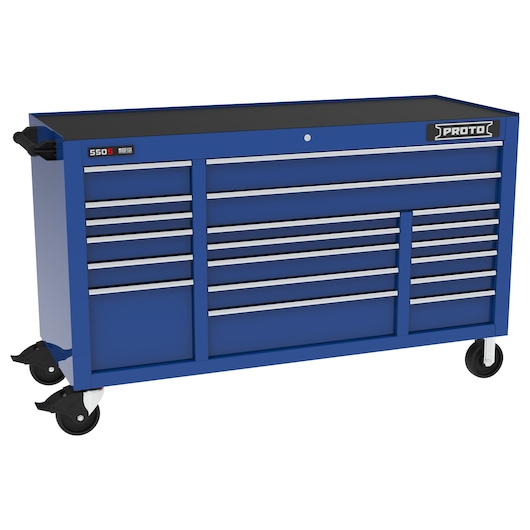 PROTO J556741B-19BL blue rolling tool cabinet with multiple drawers, black top, side handle, and caster wheels, front angle.