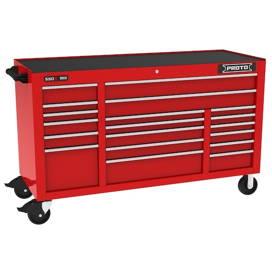PROTO J556741B-19RD red rolling tool chest with multiple drawers, side handle, and caster wheels, front angle.