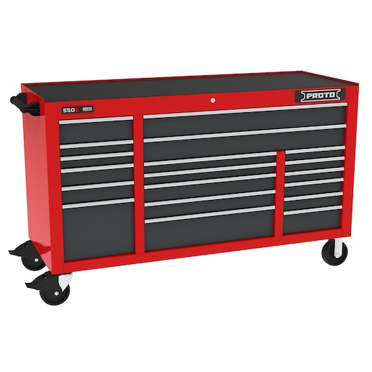 67" wide workstation with 19 drawers in red/grey