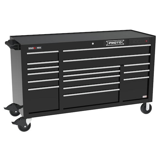 PROTO J556741B16BKPDP black rolling tool chest with multiple drawers, side handle, and caster wheels, front view.