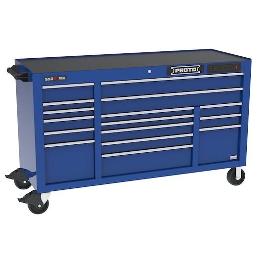 PROTO J556741B16BLPDP blue rolling tool chest with multiple drawers, front angle, photography.