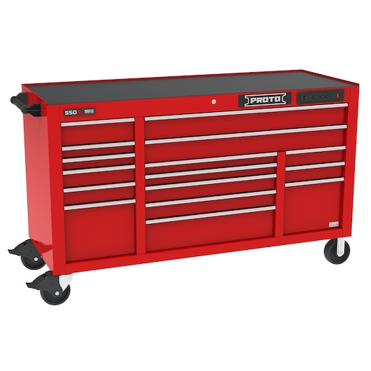 PROTO J556741B16RDPDP red rolling tool chest with multiple drawers, front angle, white background.