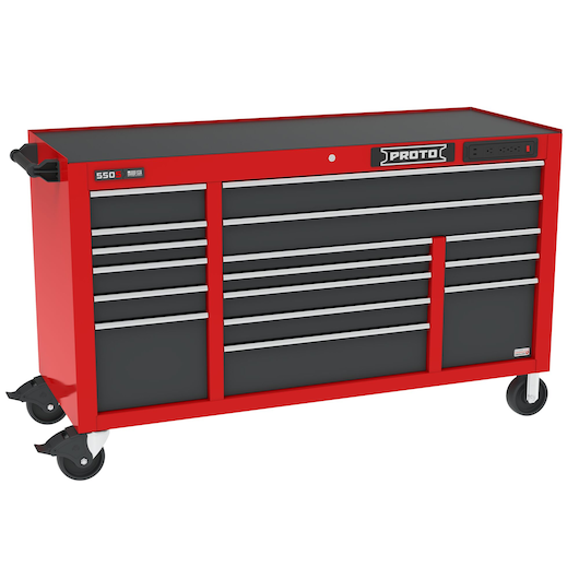 PROTO J556741B16SGPDP red and black rolling tool chest with multiple drawers, front angle, white background.