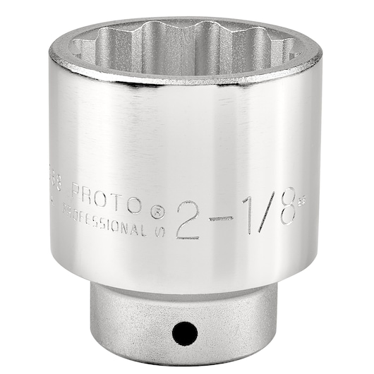 PROTO J5568 chrome finish socket, front angle, shows 12-point interior and engraved size marking.
