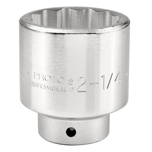 PROTO J5572 chrome socket, 12-point, 2-1/4 inch size, close-up on white background, tool photography.