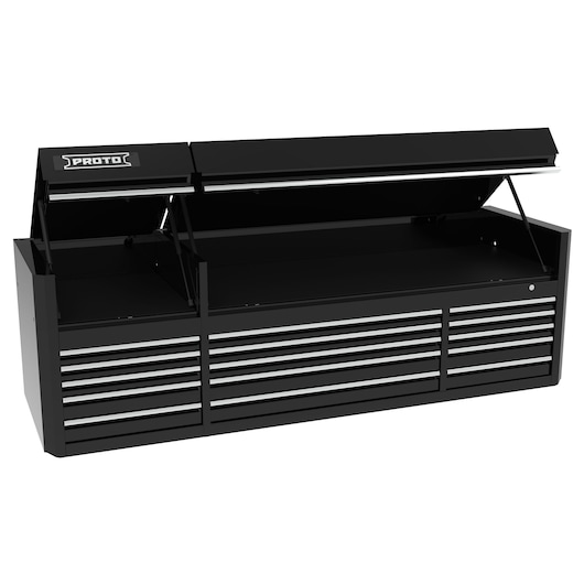 PROTO black tool chest J558827B-15BK with open top, multiple drawers, front angle, white background.