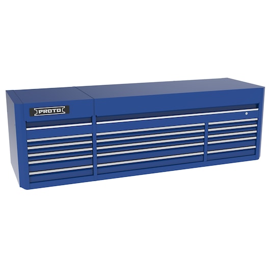 PROTO J558827B-15BL blue tool chest with multiple drawers, angled front view, white background.