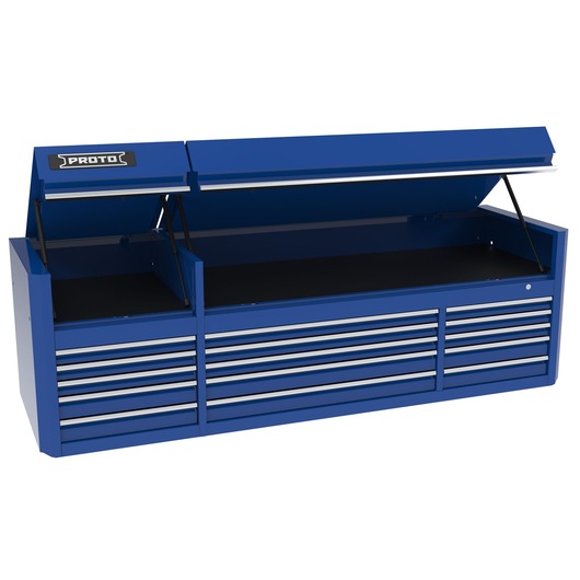 PROTO J558827B-15BL blue steel tool chest with multiple drawers, open top lid, angled on white background.