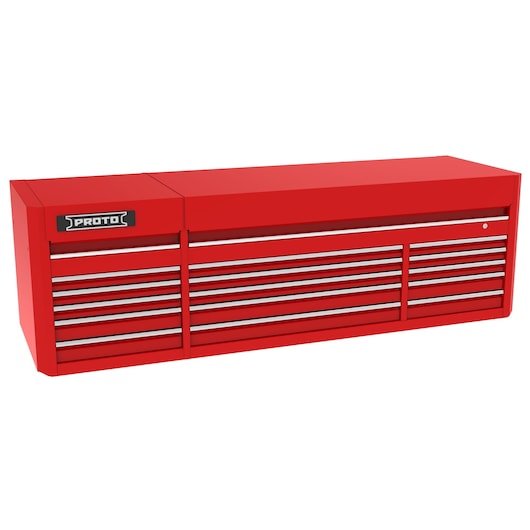 Photo of PROTO J558827B-15RD red steel wall tool chest with multiple horizontal drawers, front angle, white background.