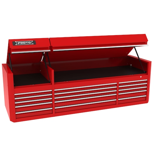 PROTO J558827B-15RD red tool chest with multiple drawers and top lid open, angled view, white background.
