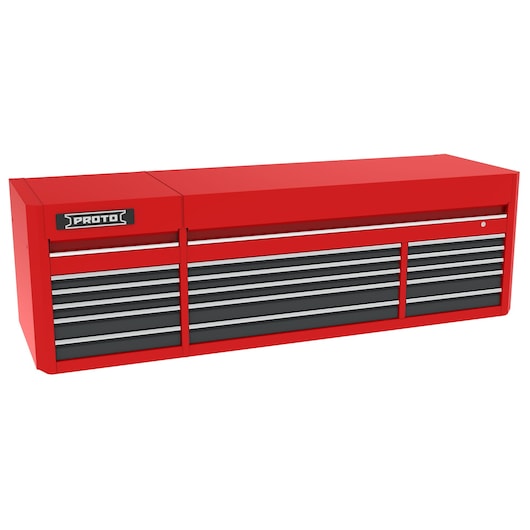 PROTO red tool chest with multiple black drawers, front angle, SKU J558827B-15SG.