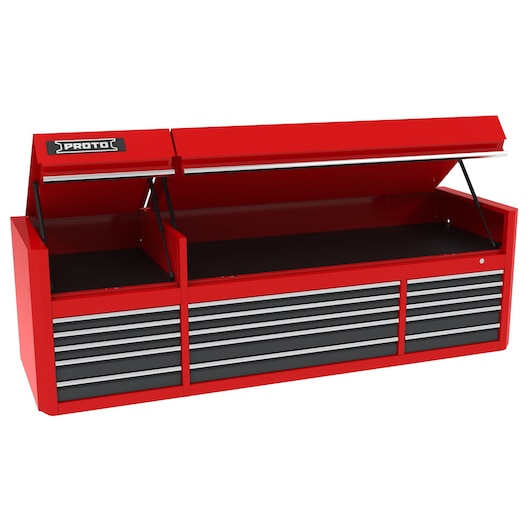 PROTO red tool chest J558827B-15SG with open top compartments and multiple drawers, front angle photo.