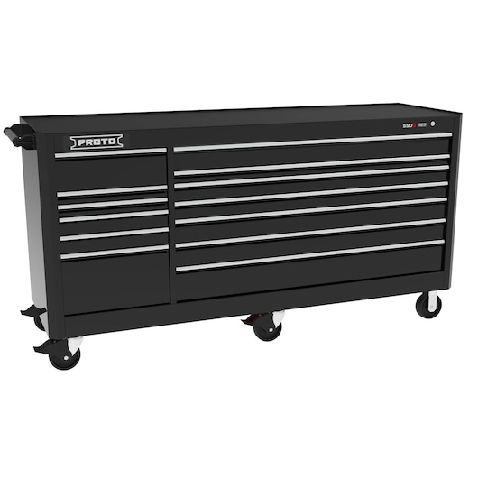 PROTO J558846B-13BK black rolling tool cabinet with multiple drawers, side view on white background.