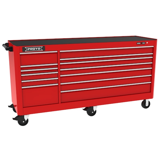 PROTO J558846B-13RD red rolling tool chest with multiple drawers, front angle, photography.