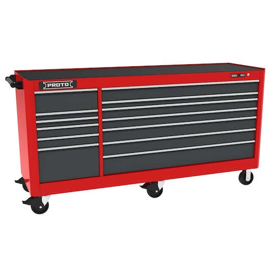 PROTO J558846B-13SG red rolling tool chest with multiple drawers, front angle, white background.
