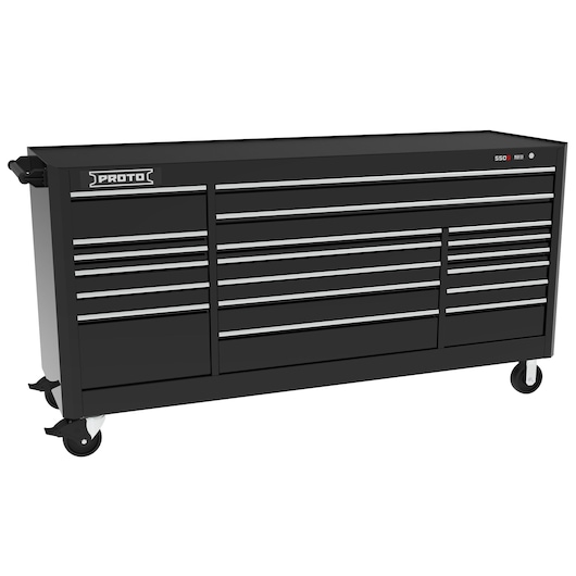 PROTO J558846B-19BK black rolling tool chest with multiple drawers, side handles, and caster wheels, front angle.