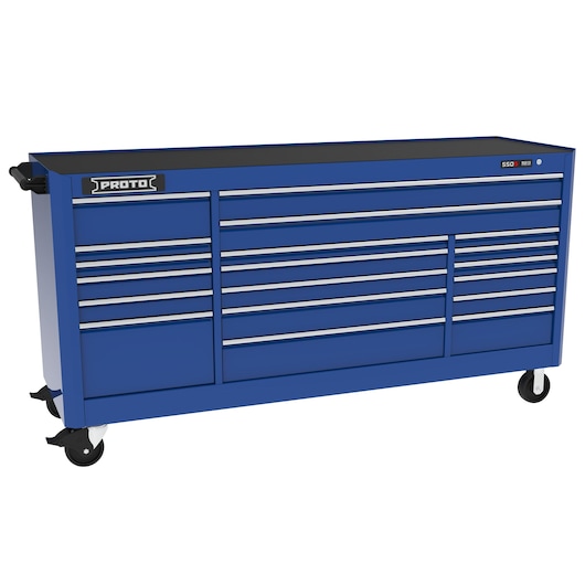 PROTO J558846B-19BL blue rolling tool chest with multiple drawers, front angle, white background.