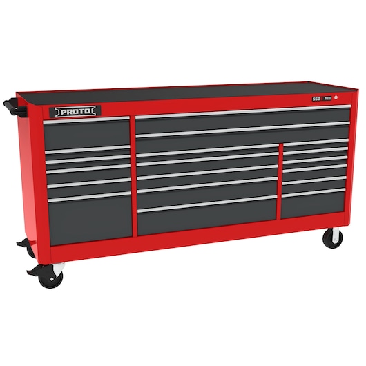 PROTO J558846B-19SG red and black rolling tool cabinet with multiple drawers, front angle on white background.