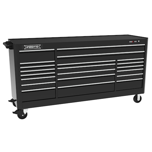 PROTO J558846B-21BK black rolling tool chest with multiple drawers, photographed on white background, side angle.