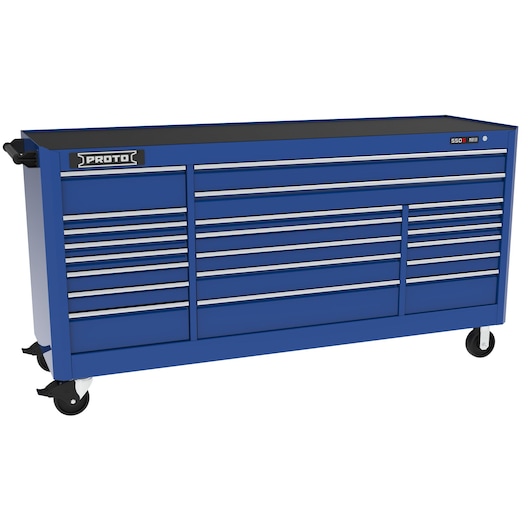 Photo of PROTO J558846B-21BL blue rolling tool chest with multiple drawers, viewed from front on white background.