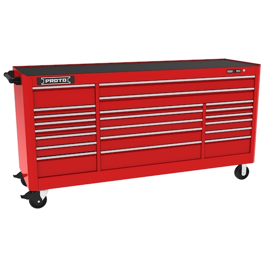 Photo of PROTO J558846B-21RD red rolling tool chest with multiple drawers, shown at front angle on white background.