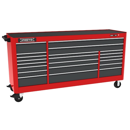 PROTO J558846B-21SG red and black rolling tool chest with multiple drawers, front angle, white background.