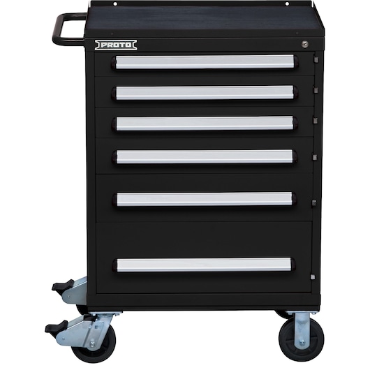 PROTO J563042-6BK black rolling tool chest with five drawers, silver handles, and caster wheels, side view.