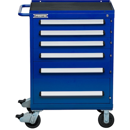 PROTO rolling tool chest J563042-6BL, blue with six drawers, silver handles, front angle on white background.