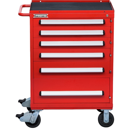 PROTO J563042-6RD red rolling tool chest with six drawers, top view, on white background.