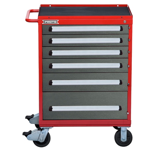 PROTO J563042-6SG tool chest with six drawers, red and gray, front angle, photography on white background.