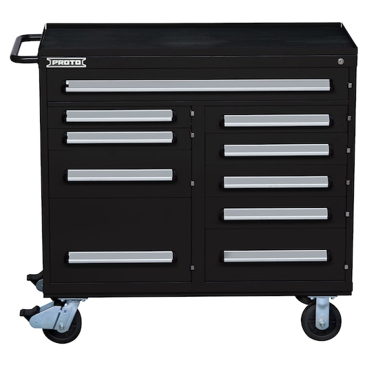 PROTO J564542-10BK black rolling tool chest with multiple drawers, side handle, and caster wheels, front angle, white background.