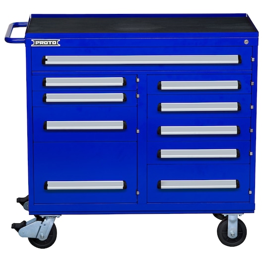 PROTO J564542-10BL blue rolling tool chest with multiple drawers, front angle, photography on white background.