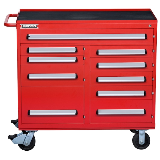 PROTO J564542-10RD red rolling tool chest with ten drawers, photographed front angle on white background.