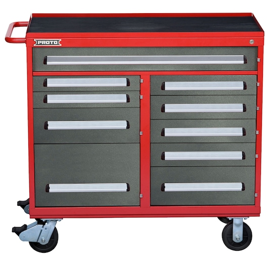 PROTO rolling tool chest J564542-10SG with multiple drawers, red and gray, front angle on white background.