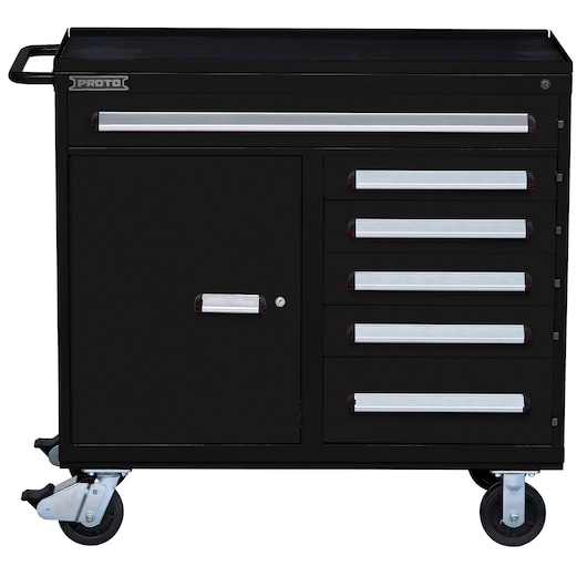 PROTO J564542-6BK-1S black rolling tool chest with five drawers and side cabinet, front angle on white background.