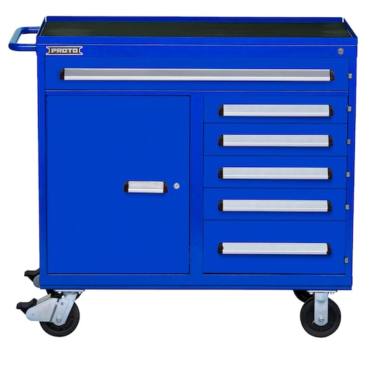 PROTO J564542-6BL-1S blue rolling tool cabinet with five drawers and side cabinet, front angle on white.