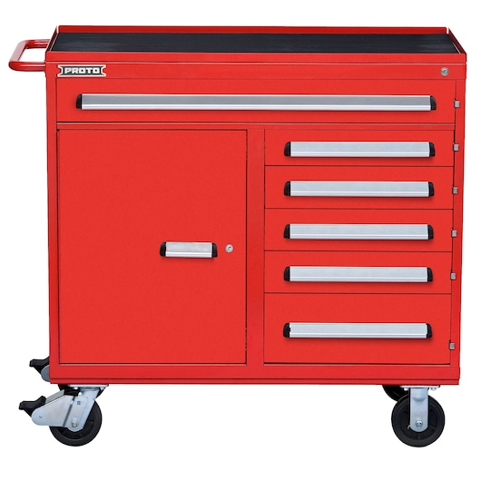 PROTO J564542-6RD-1S red tool chest with five drawers and cabinet on wheels, front angle.