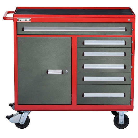Photo of PROTO J564542-6SG-1S tool chest with red frame, gray drawers and door, five drawers, and caster wheels, front angle.