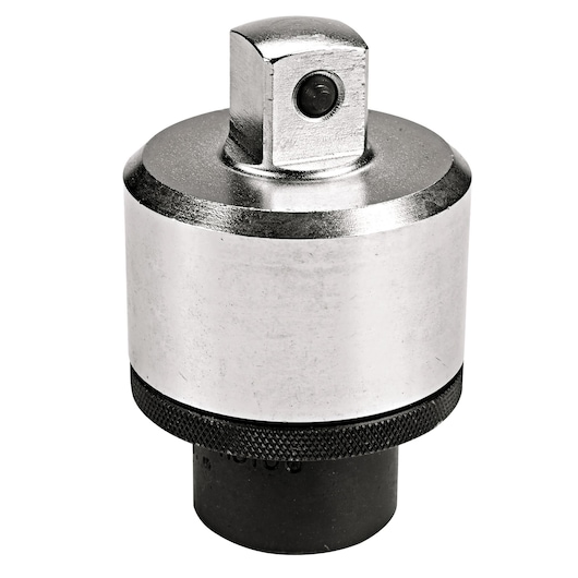 PROTO J5647 steel socket adapter, side angle, silver and black finish, on white background.