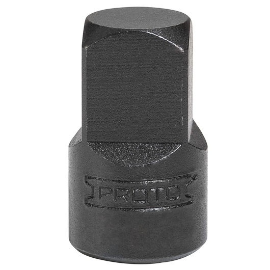 Front view of PROTO J5653B black hex impact socket with embossed logo on white background.