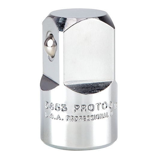 PROTO J5653 chrome socket adapter, cylindrical with square drive and polished finish, front angle on white background.